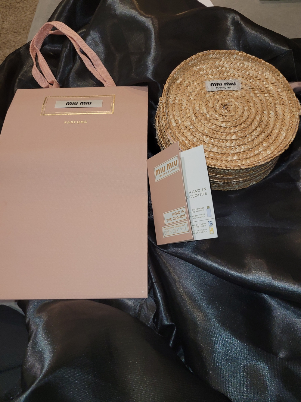 Miu Miu Blush Pink Gift Bag with Mini Natural Straw Round Pouch.